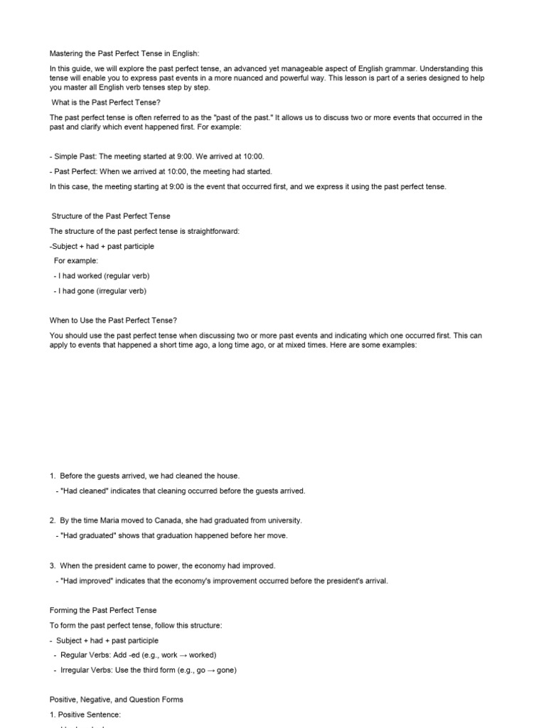 Past Perfect | PDF | Perfect (Grammar) | Grammatical Tense