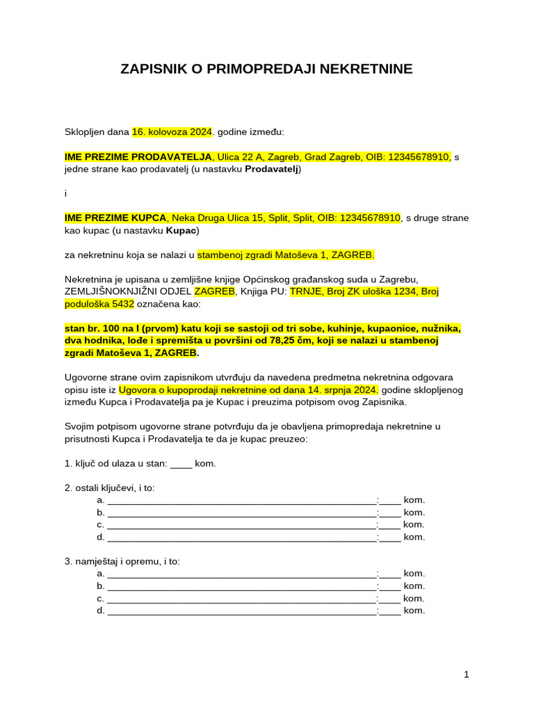 Zapisnik O Primopredaji Nekretnine | PDF