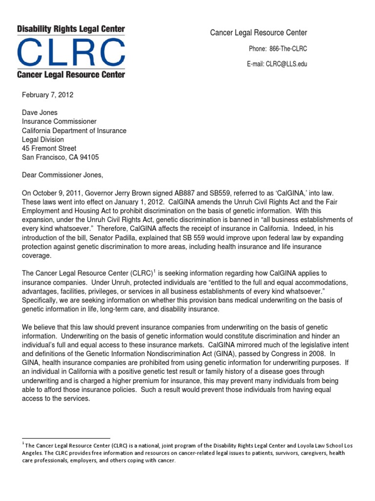 CLRC Letter To California Insurance Commissioner PDF Insurance