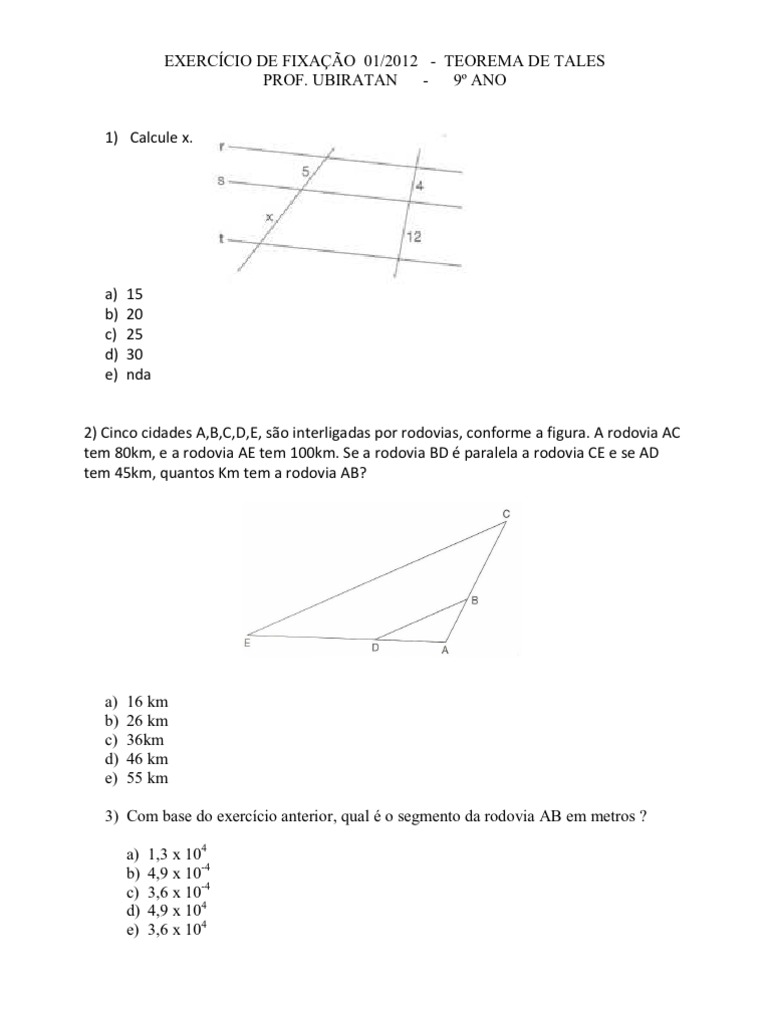 9º ANO (Extrema) TEOREMA DE TALES | PDF | Matemática elementar ...