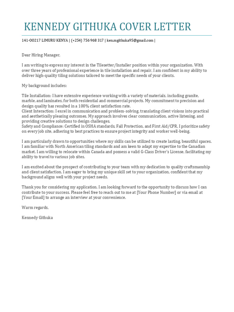 KMG Tile Setter COVER LETTER | PDF