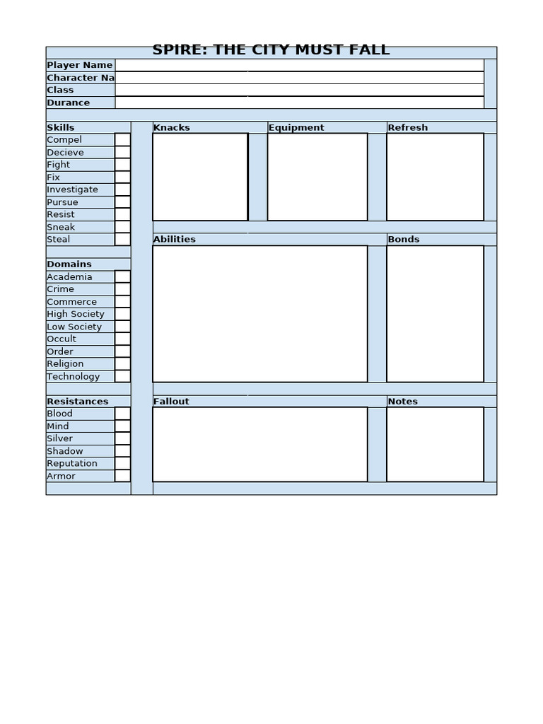 Kopia Spire Character Sheet (File-_Make a Copy to Use) | PDF