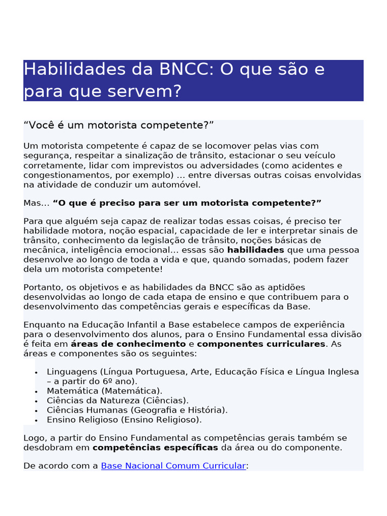 Habilidades da BNCC: Definição e Importância | PDF