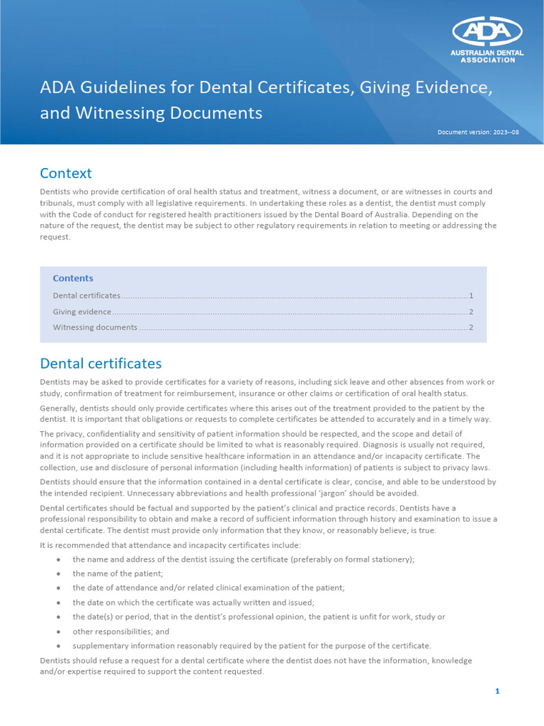 ADA Guidelines For Dental Certificates, Giving Evidence, and Witnessing ...