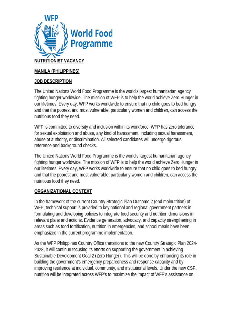 Nutritionist Vacancy at WFP Manila | PDF | World Food Programme | Hunger