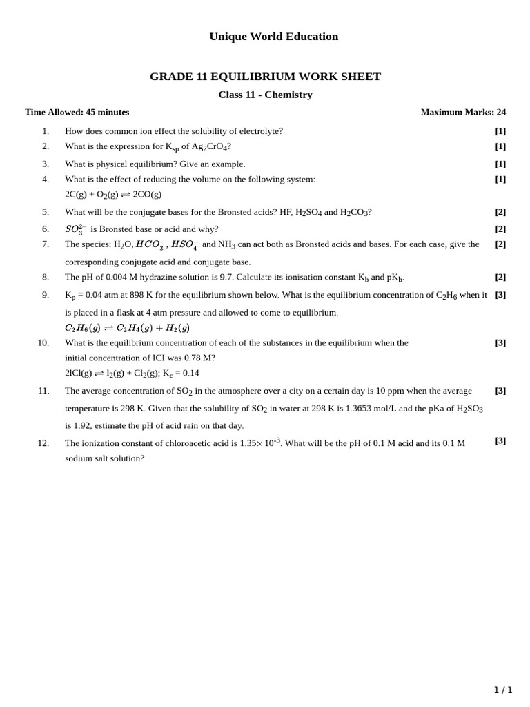 Grade 11 Chemistry Equilibrium Worksheet | PDF | Chemical Equilibrium ...