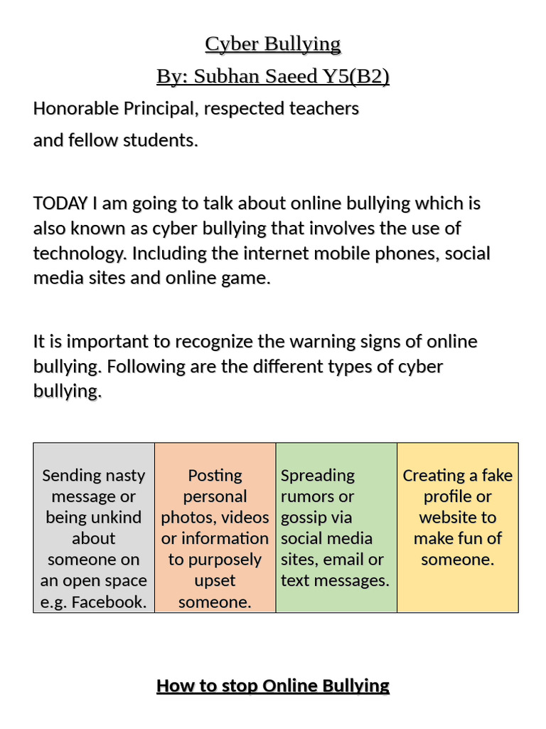 Understanding Cyber Bullying and Prevention | PDF