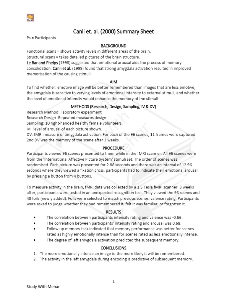 Canli (2000) Study Sum | PDF | Functional Magnetic Resonance Imaging ...