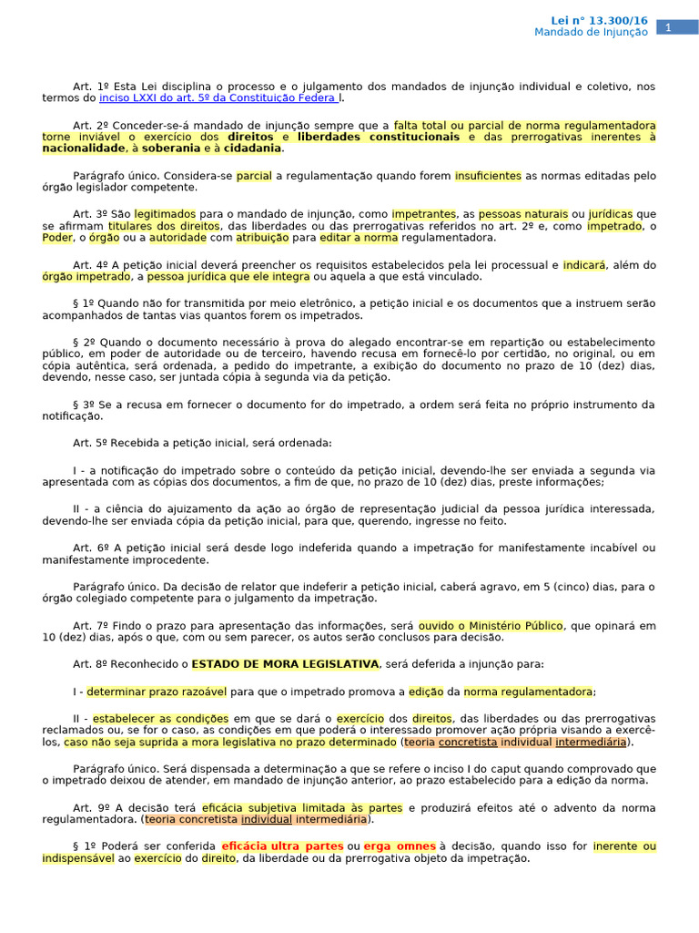 Mandado de Injunção: Lei 13.300/16 | PDF | Queixa | Justiça