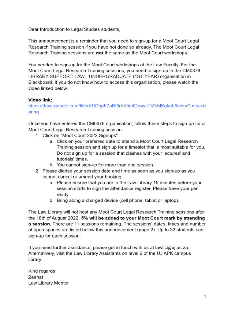 Reminder - Moot Court Legal Research Training 2022 Sign-Ups | PDF