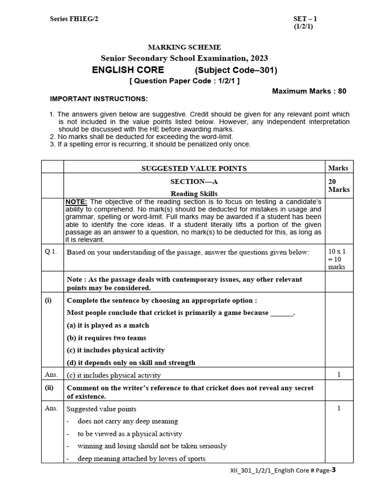 English Core Exam Marking Scheme 2023 | PDF