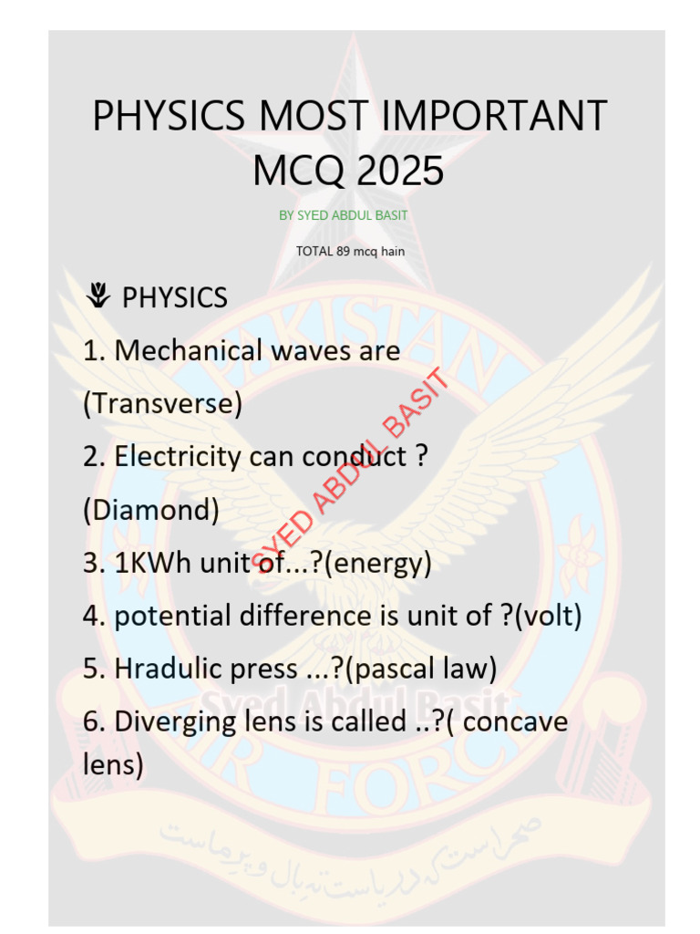 Physics Most Important MCQ 2025 by Syed Abdul Basit | PDF | Waves | Mirror