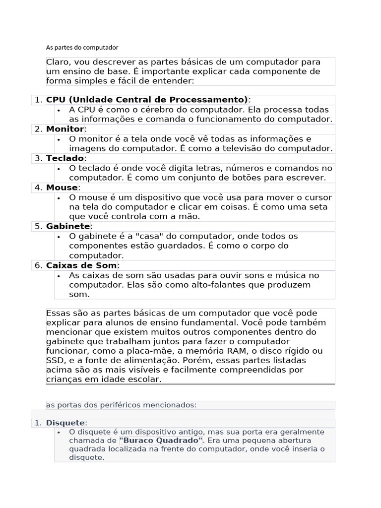 Partes e Uso Básico do Computador | PDF | USB | Disquete
