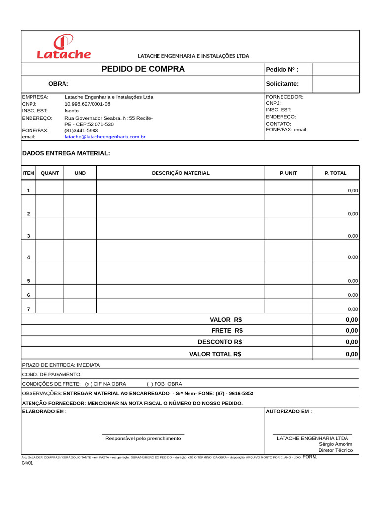 Pedido de Compra - Latache Engenharia | PDF