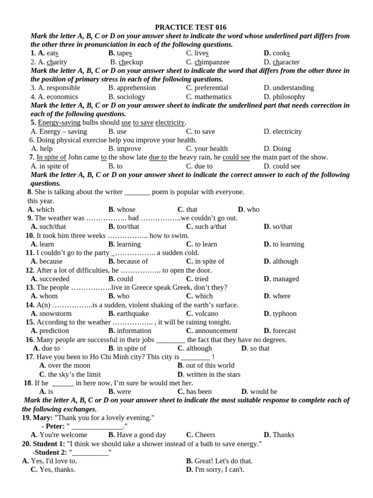 PRACTICE TEST 016 | PDF | Homework