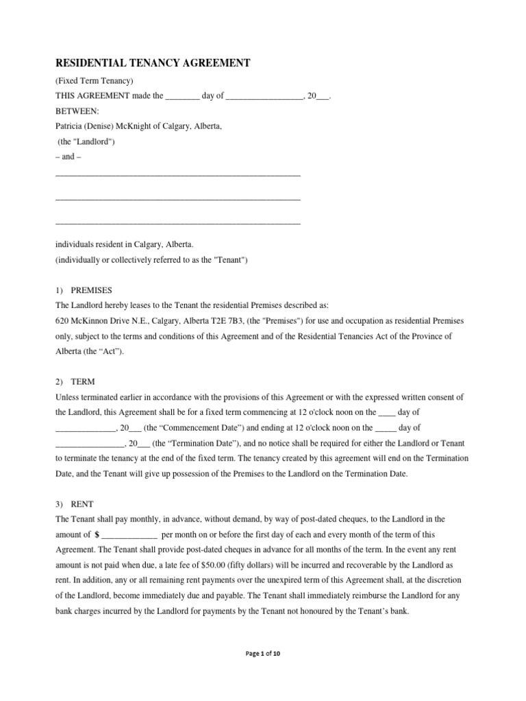 Calgary Residential Tenancy Agreement | PDF | Leasehold Estate | Lease