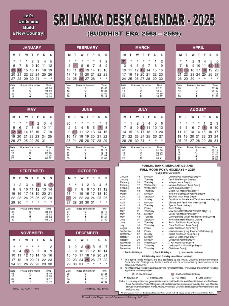 GovernmentCalendarSriLanka2025DeskCalendar PDF Moon Observances