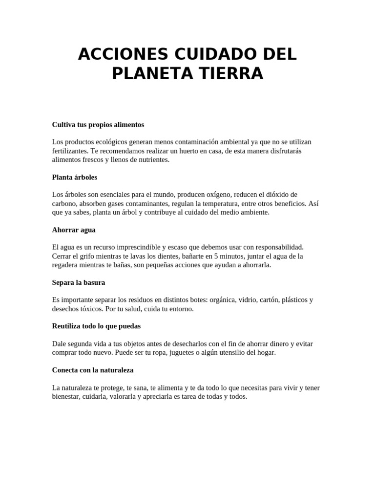 Acciones para cuidar el planeta Tierra | PDF