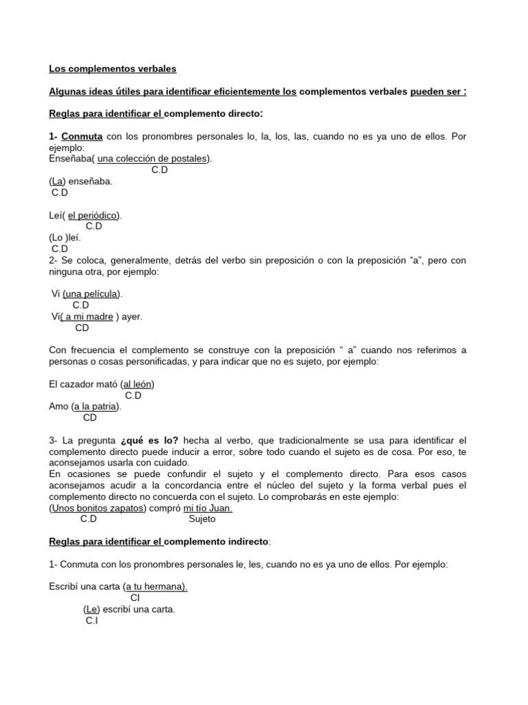 Identificación de Complementos Verbales | PDF | Asunto (gramática ...