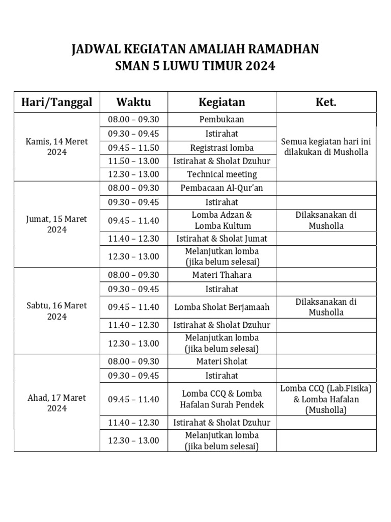 Jadwal Kegiatan Amaliah Ramadhan Pdf