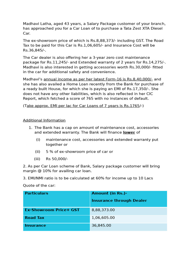 Car Loan Calculation For Madhavi Latha Pdf