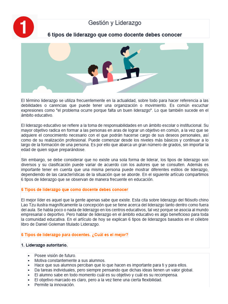 6 Tipos de Liderazgo Educativo | PDF | Liderazgo | Maestros