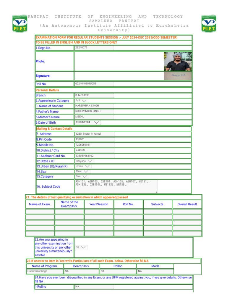 Examination Form for B.Tech CSE Students | PDF