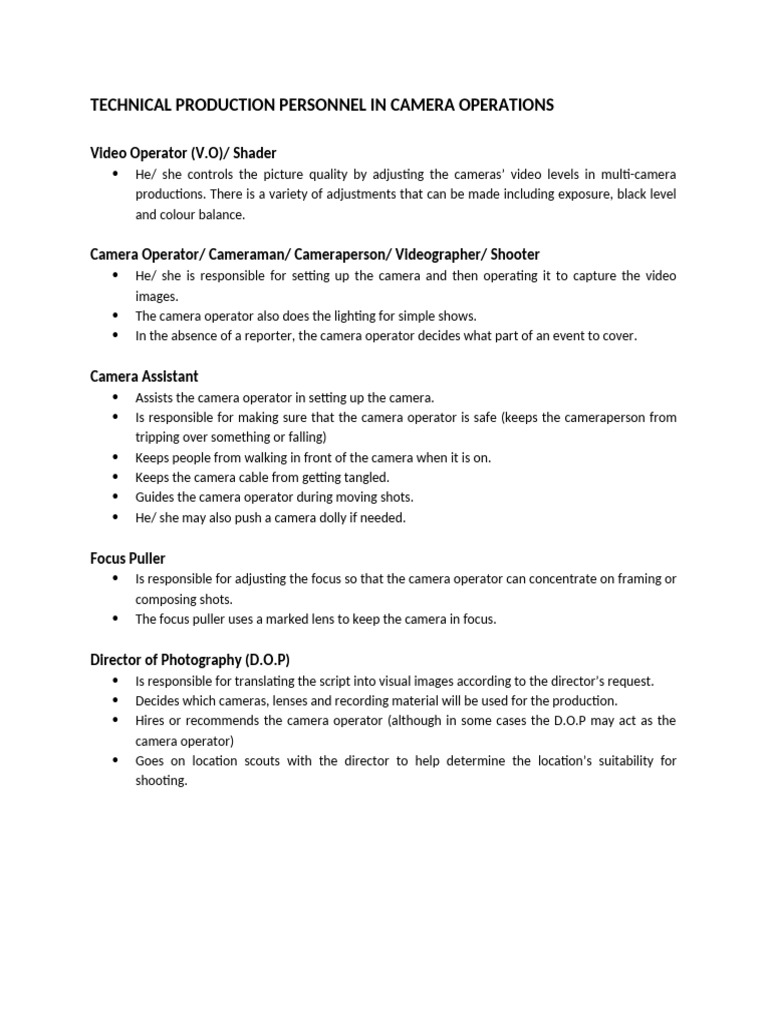 Camera Operations Personnel Roles Explained | PDF