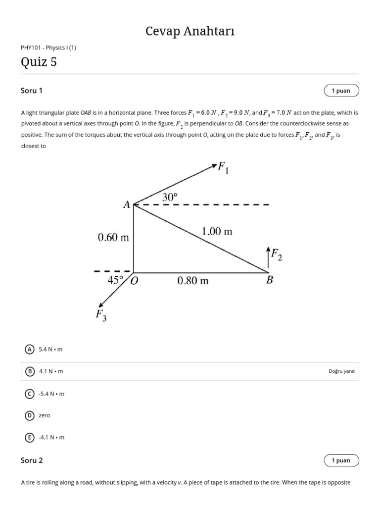 Quiz 5_Answer Key | PDF | Torque | Rotation Around A Fixed Axis