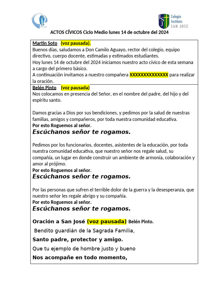Acto Cívico Escolar 14 Octubre 2024 | PDF | Oración