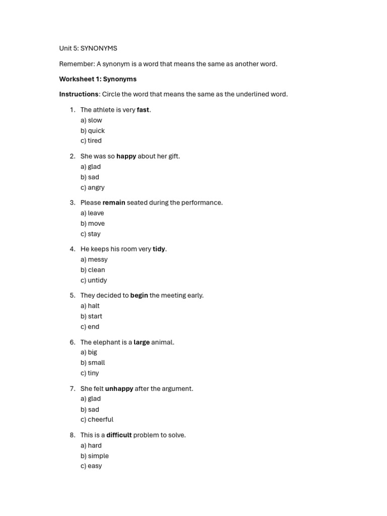 Understanding Synonyms Worksheets | PDF