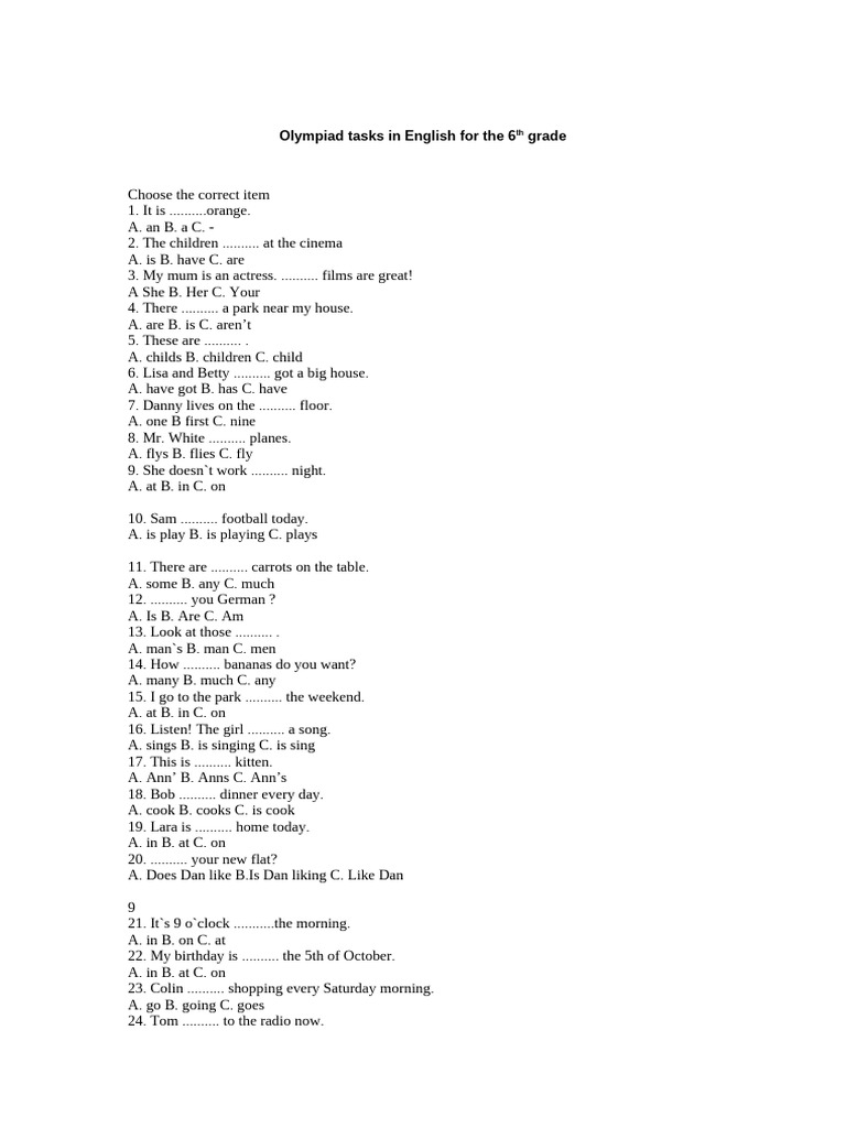 Olympiad Tasks in English For The 6th Grade | PDF