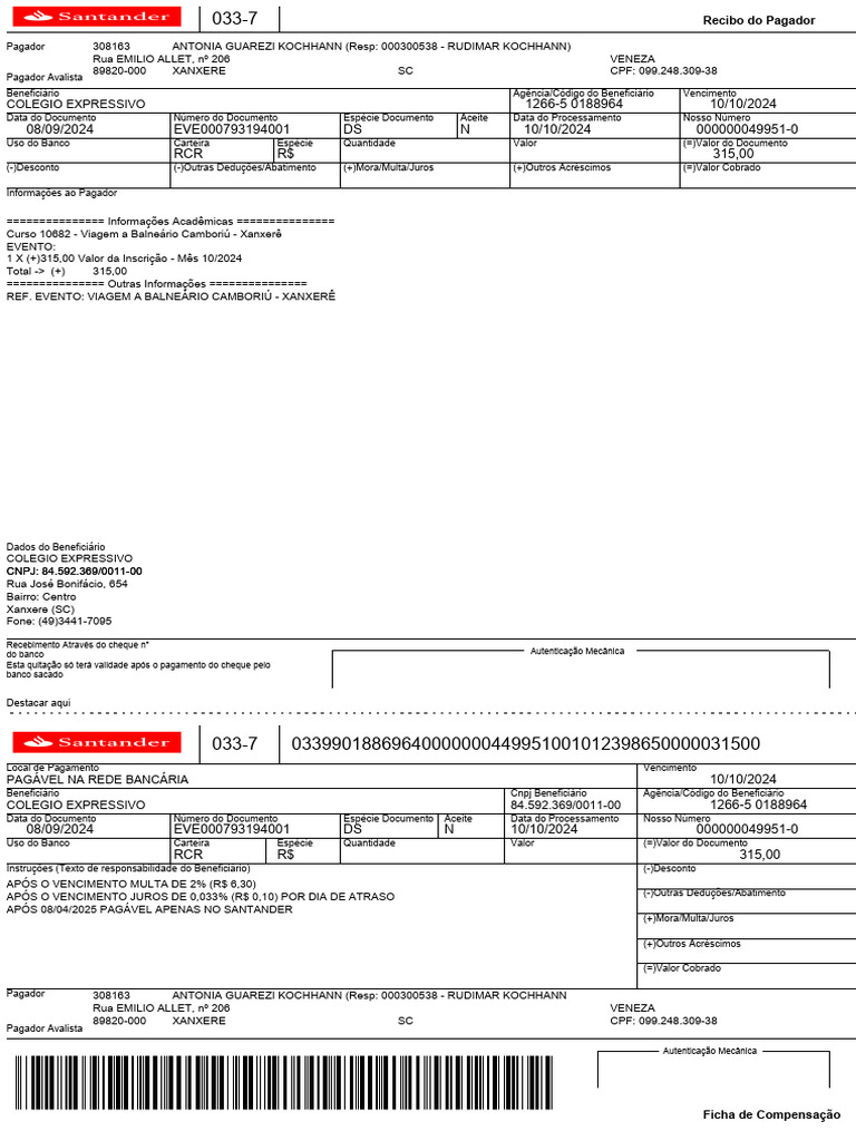 Recibo de Inscrição - Viagem Escolar | PDF | Cheque (banco) | Finanças ...