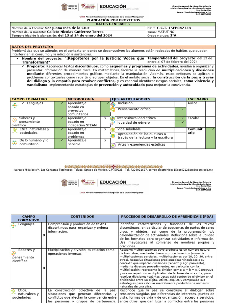 Planeación de Proyecto Escolar 2024 | PDF | Educación primaria | México