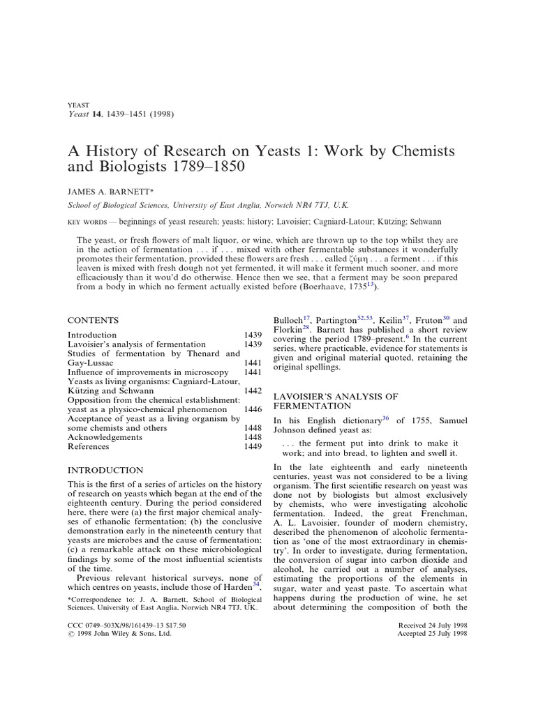 Yeast Research History: 1789-1850 | PDF | Fermentation | Yeast