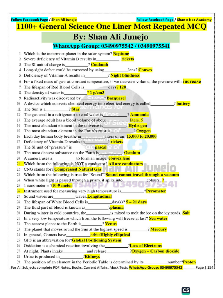 500 General Science MCQs and Answers | PDF