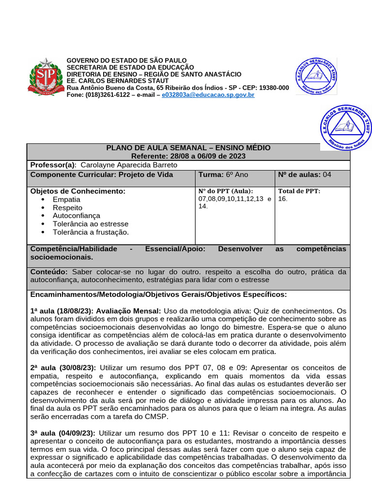 Plano de Aula: Projeto de Vida 6º Ano | PDF | Lição