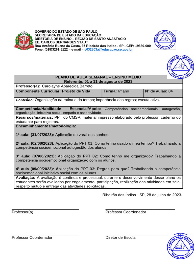 Plano de Aula: Projeto de Vida - 6º Ano | PDF