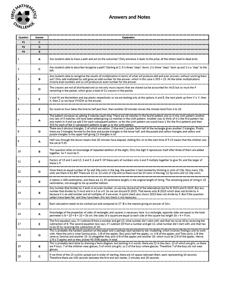 First Maths Challenge Solutions | PDF | Mathematics