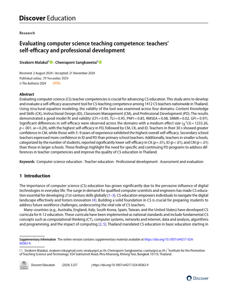 CS Teacher Competence and Self-Efficacy Evaluation | PDF | Validity ...