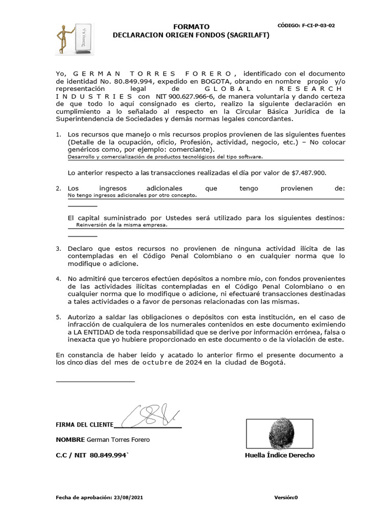 F ci p 3 02 declaraci n origen de fondos pdf justicia crimen y