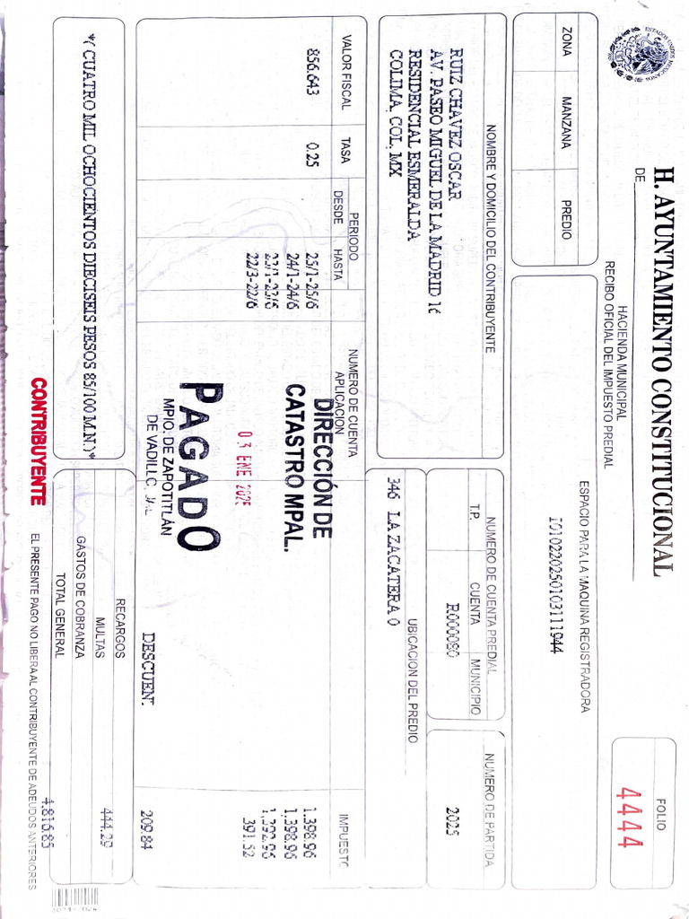 Recibo Oficial Impuesto Predial 2023 | PDF