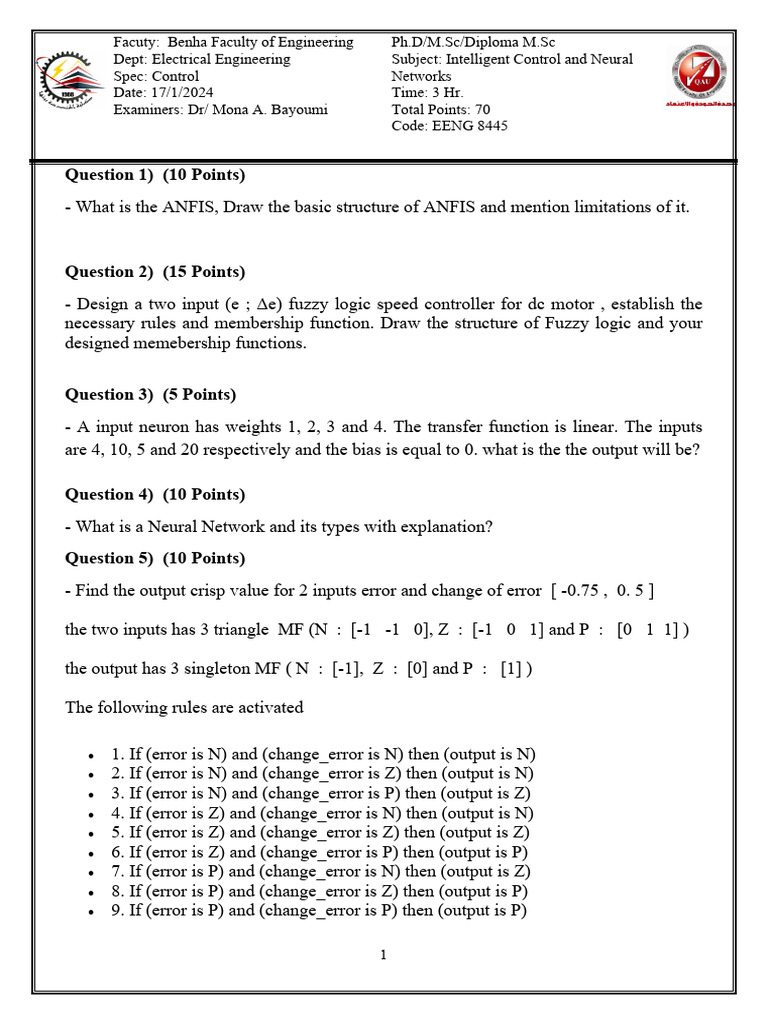 ANFIS and Fuzzy Logic Controller Exam | PDF | Computational Science ...