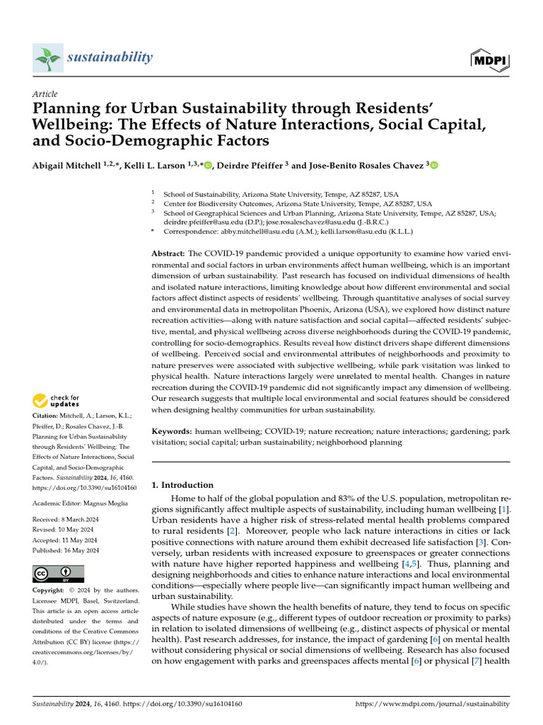 Planning For Urban Sustainability Through Resident Pdf Well Being