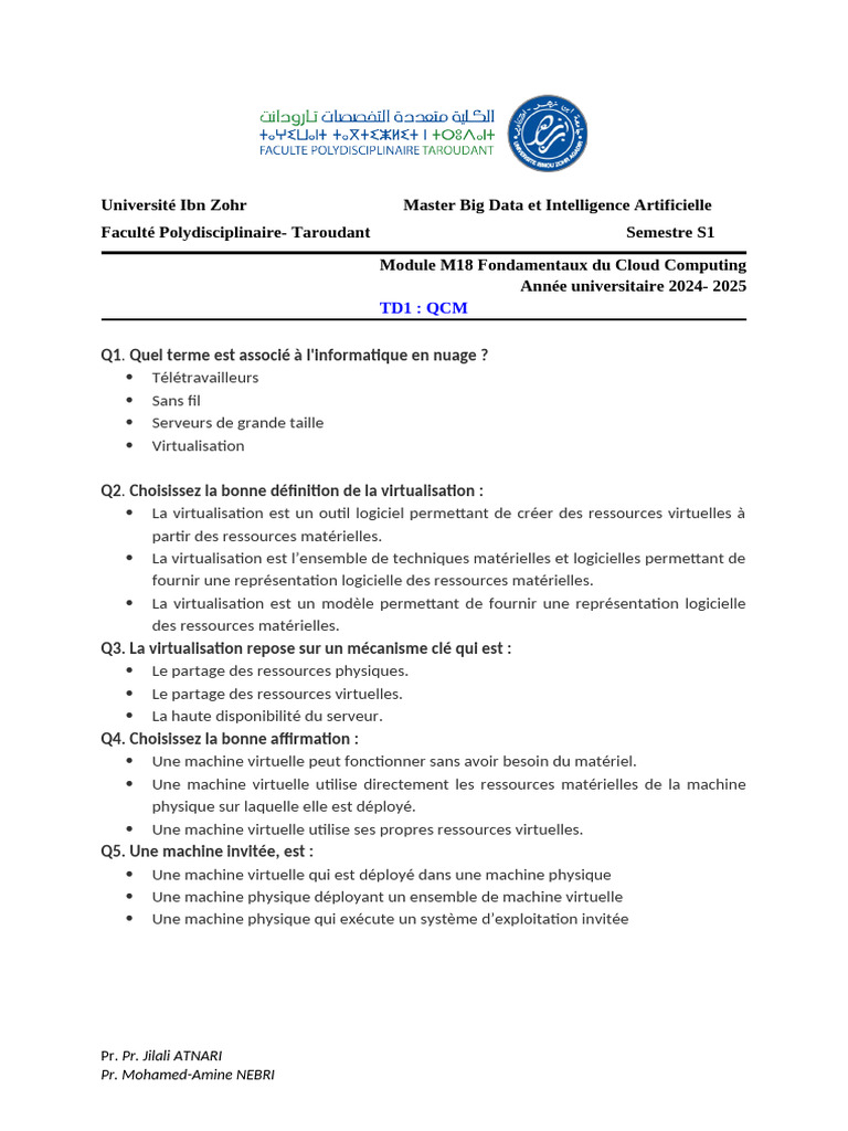QCM sur le Cloud Computing et Virtualisation | PDF | Cloud computing ...