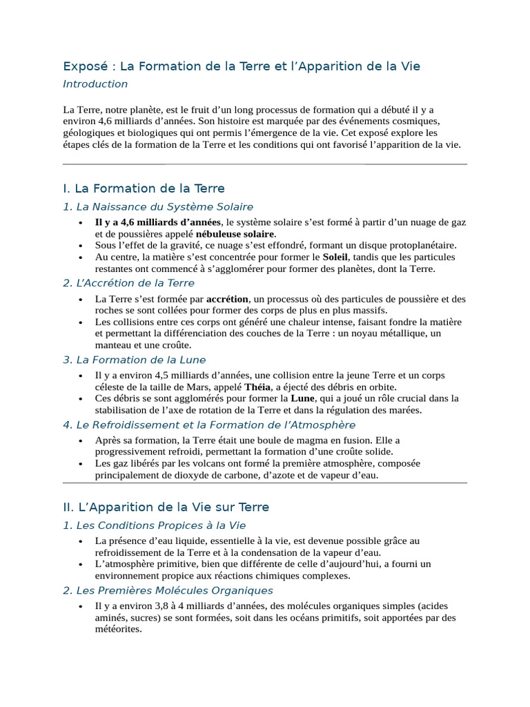 Formation de la Terre et Vie Émergente | PDF | Terre | Formation et ...