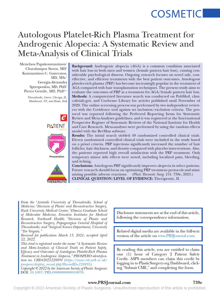 Autologous Platelet Rich Plasma Treatment | PDF | Hair Loss | Medical ...