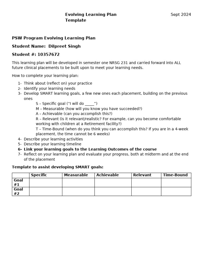 PSW Program Evolving Learning Plan Template | PDF | Communication | Goal