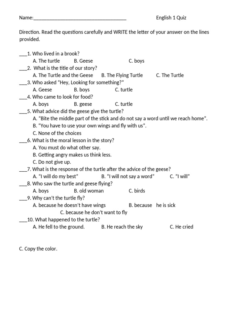 English 1 Quiz on "The Turtle and the Geese" | PDF