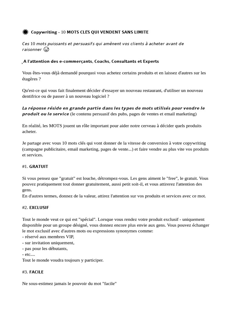10 Mots Clés pour Booster le Copywriting | PDF